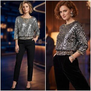 Creations III New York Made Blouse Top Sequins Shimmery Stretch size M Party Y2K